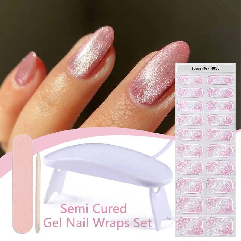 Harunouta 4pcs/set French Semi Cured Gel Nail Strips with Nail Lamp
