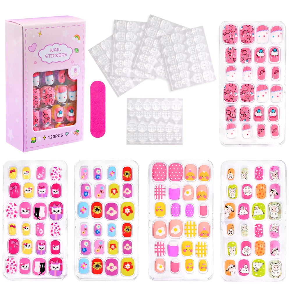 120 Pcs Children's Press on Nails Kids Cartoon Acrylic Fake Nails Tips