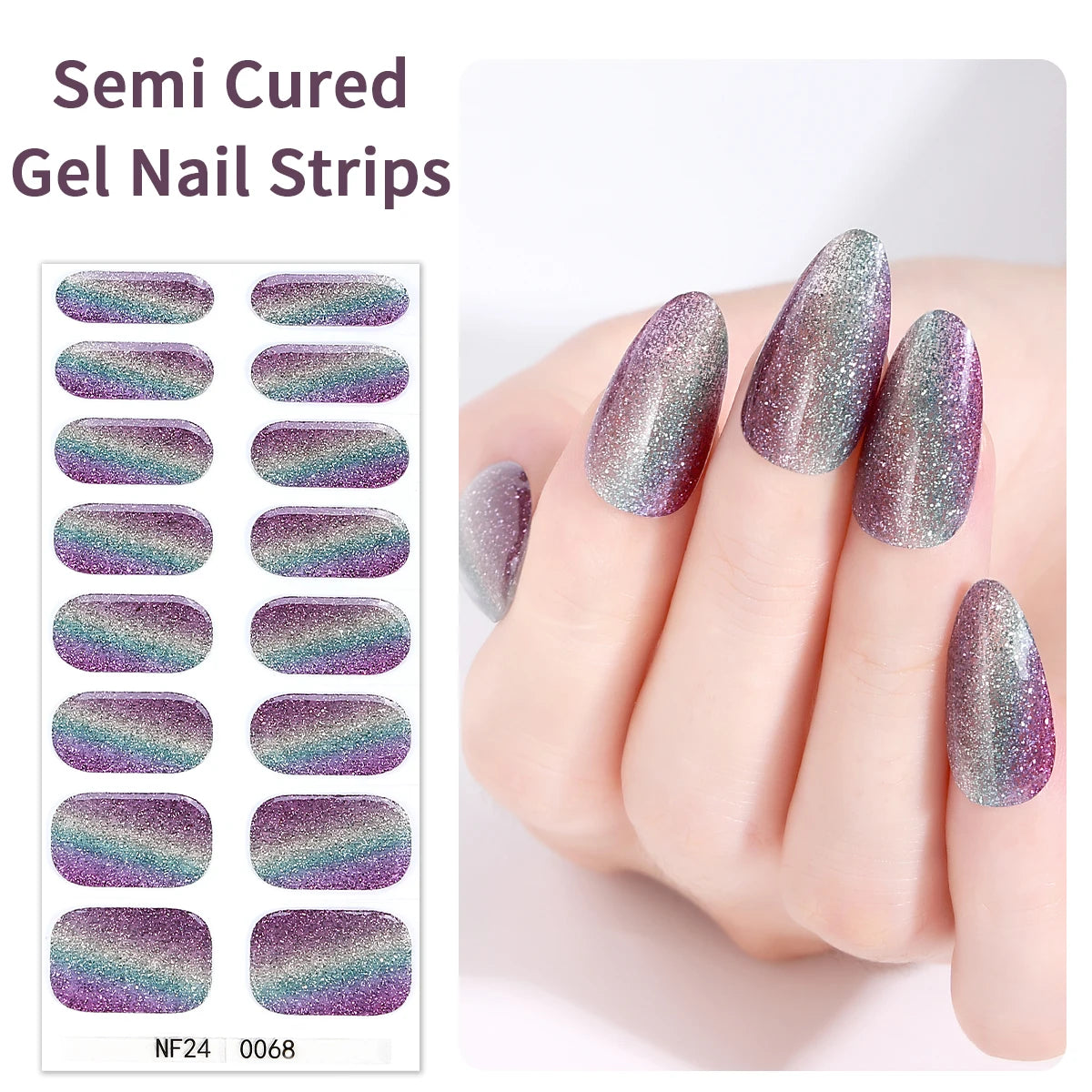 16 Tips Gradient Semi Cured Gel Nail Strips Shinning Cat Eye