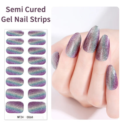 16 Tips Gradient Semi Cured Gel Nail Strips Shinning Cat Eye