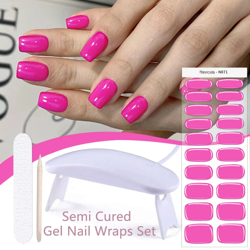 Harunouta 4pcs/set French Semi Cured Gel Nail Strips with Nail Lamp