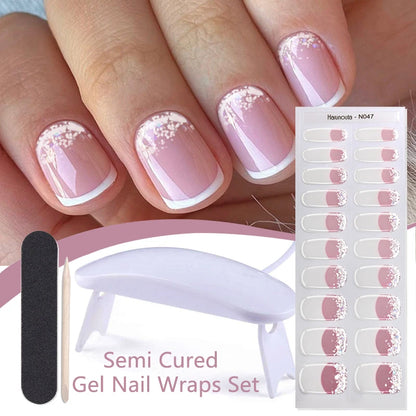 Harunouta 4pcs/set French Semi Cured Gel Nail Strips with Nail Lamp
