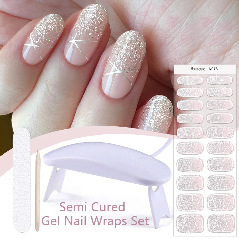 Harunouta 4pcs/set French Semi Cured Gel Nail Strips with Nail Lamp