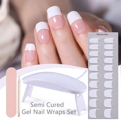 Harunouta 4pcs/set French Semi Cured Gel Nail Strips with Nail Lamp