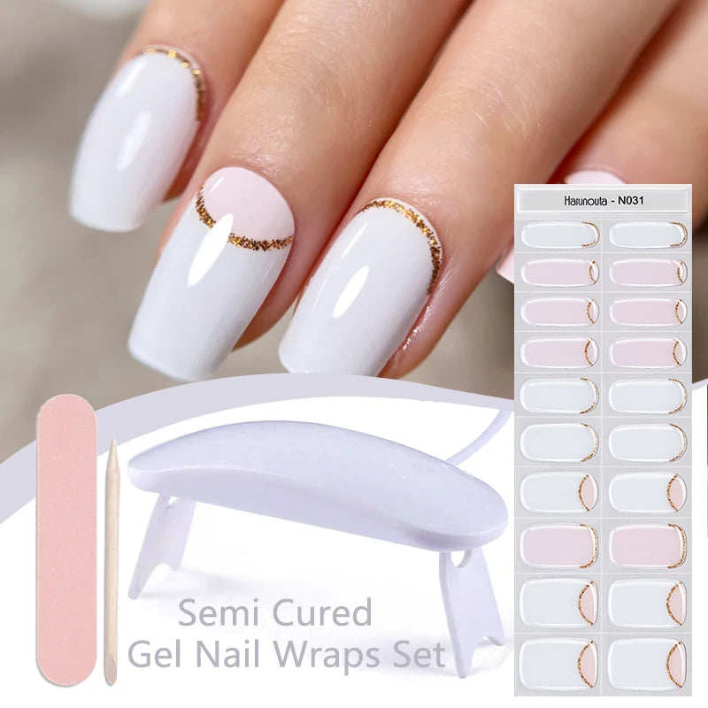 Harunouta 4pcs/set French Semi Cured Gel Nail Strips with Nail Lamp