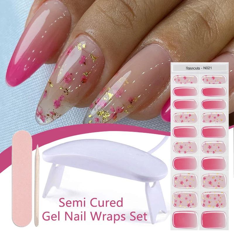 Harunouta 4pcs/set French Semi Cured Gel Nail Strips with Nail Lamp