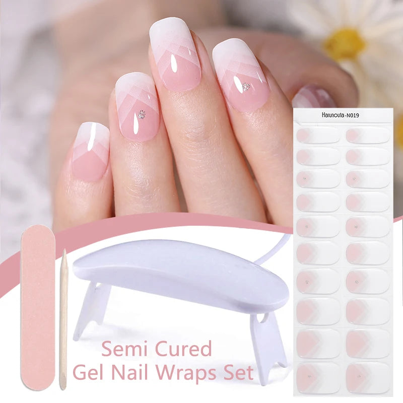 Harunouta 4pcs/set French Semi Cured Gel Nail Strips with Nail Lamp