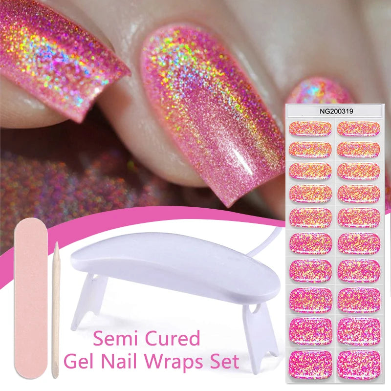 4pcs/set Sparkling Semi Cured Gel Nail Strips with Nail Dry Holographics