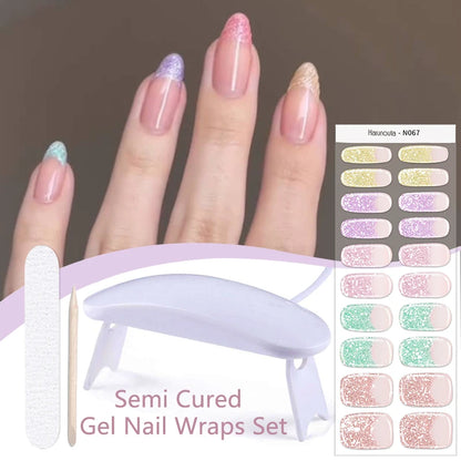 Harunouta 4pcs/set French Semi Cured Gel Nail Strips with Nail Lamp