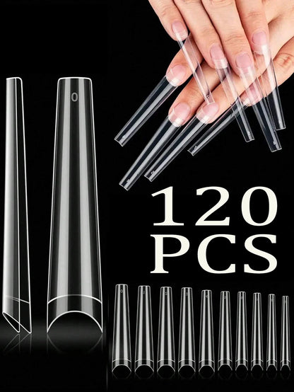 120Pcs Long Clear Various Size Nail Tips for Acrylic Nails