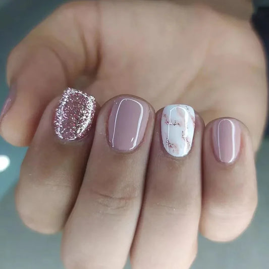 24pcs Short French Glossy Glitter Nails includes Jelly Gel and Nail File