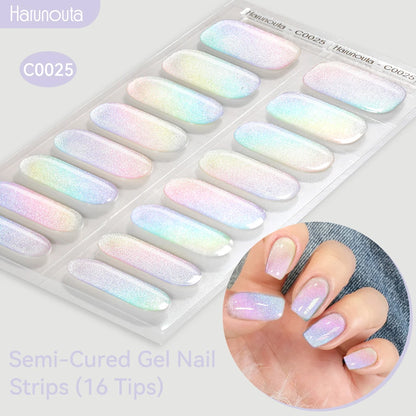 Gradient Auroras Semi Cured Sparkly Gel Nail Strips with UV/LED Nail Lamps