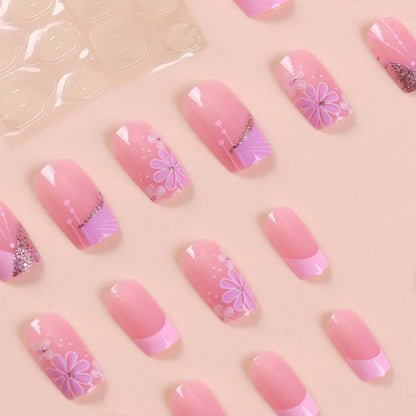 24 pcs Short Square French Simple Flower Nails
