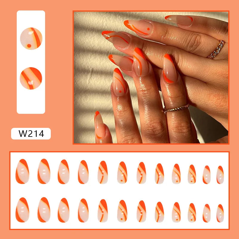 24Pc Simple French Medium length False Nails with Rhinestone