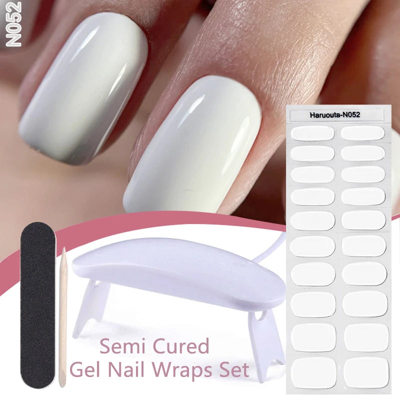 Harunouta 4pcs/set French Semi Cured Gel Nail Strips with Nail Lamp