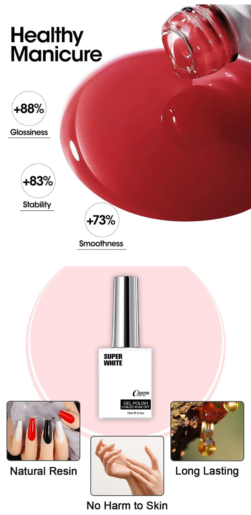 Charm 15ml Classic Gel Nail Polish Vibrant Black, White, and Red Shades