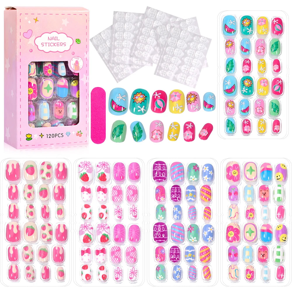 120 Pcs Children's Press on Nails Kids Cartoon Acrylic Fake Nails Tips