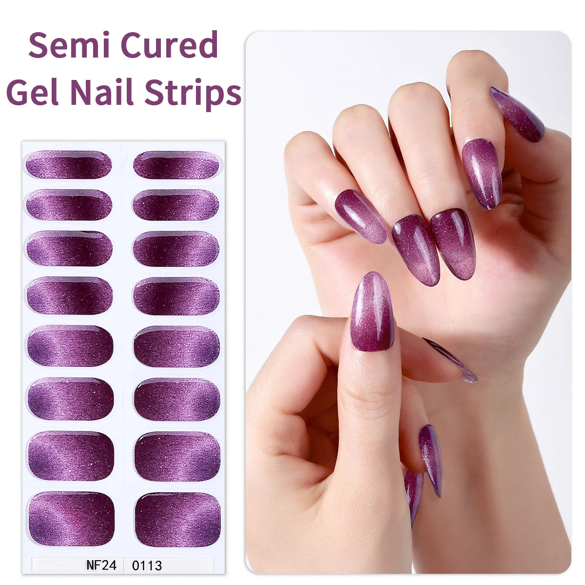 16 Tips Gradient Semi Cured Gel Nail Strips Shinning Cat Eye