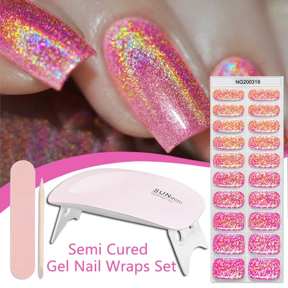 4pcs/set Sparkling Semi Cured Gel Nail Strips with Nail Dry Holographics