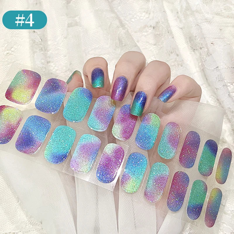 22 Tips Gradient Colorful Semi-cured Gel Nail Strips Luminous Full Cover