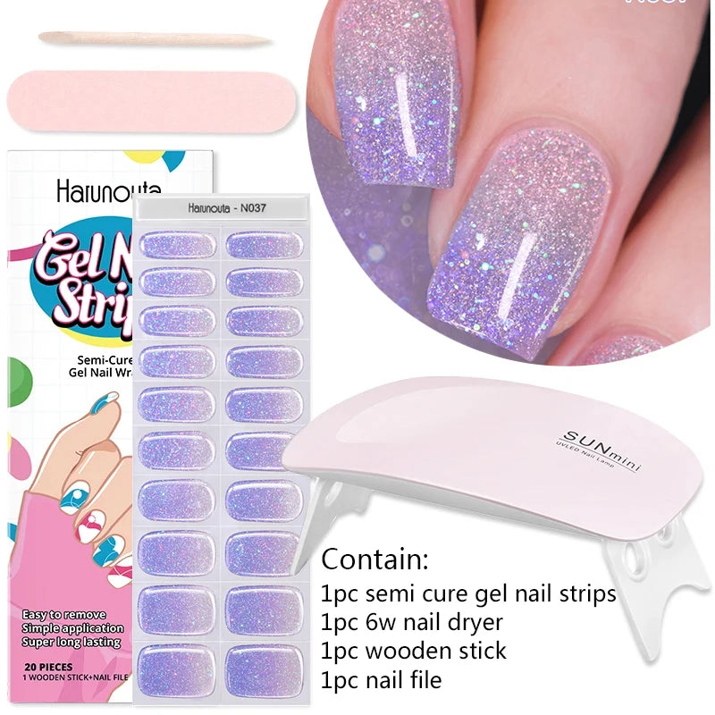 4pcs/set Sparkling Semi Cured Gel Nail Strips with Nail Dry Holographics
