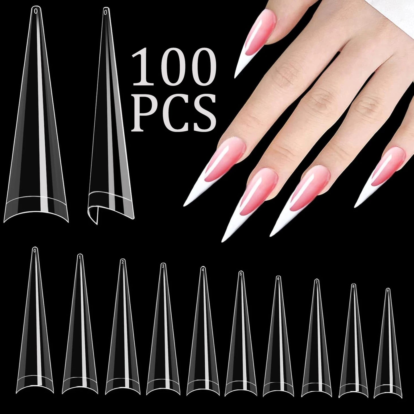 120Pcs Long Clear Various Size Nail Tips for Acrylic Nails