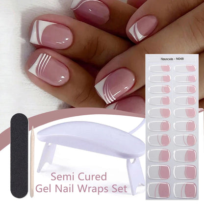 Harunouta 4pcs/set French Semi Cured Gel Nail Strips with Nail Lamp