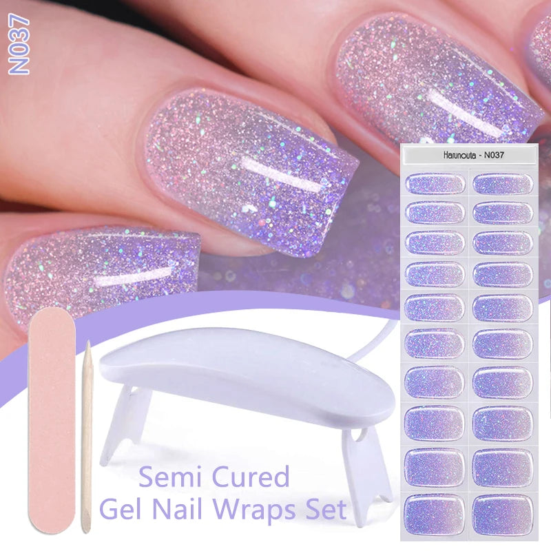 Harunouta 4pcs/set French Semi Cured Gel Nail Strips with Nail Lamp