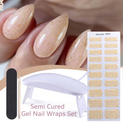 Harunouta 4pcs/set French Semi Cured Gel Nail Strips with Nail Lamp