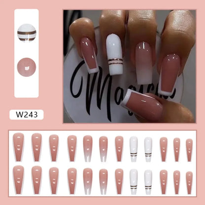 24Pc Simple French Medium length False Nails with Rhinestone