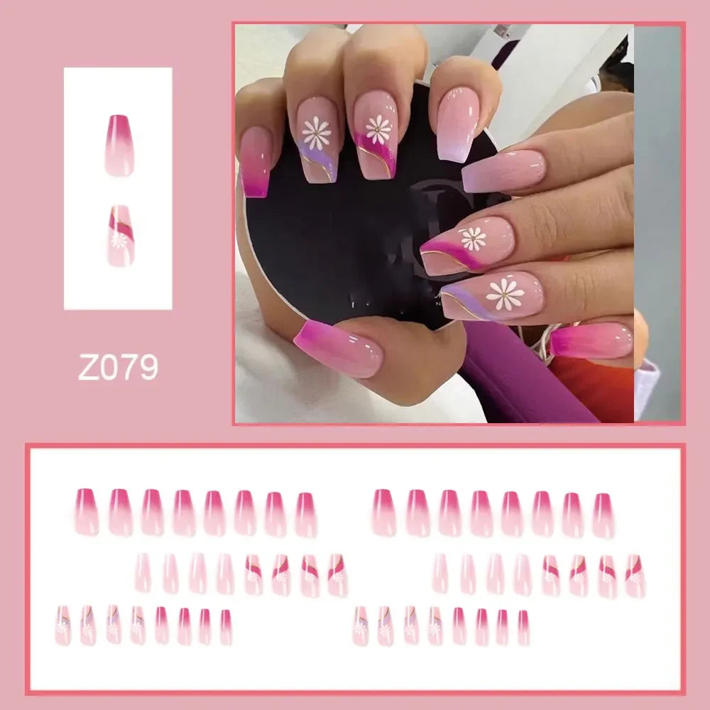 24Pc Simple French Medium length False Nails with Rhinestone