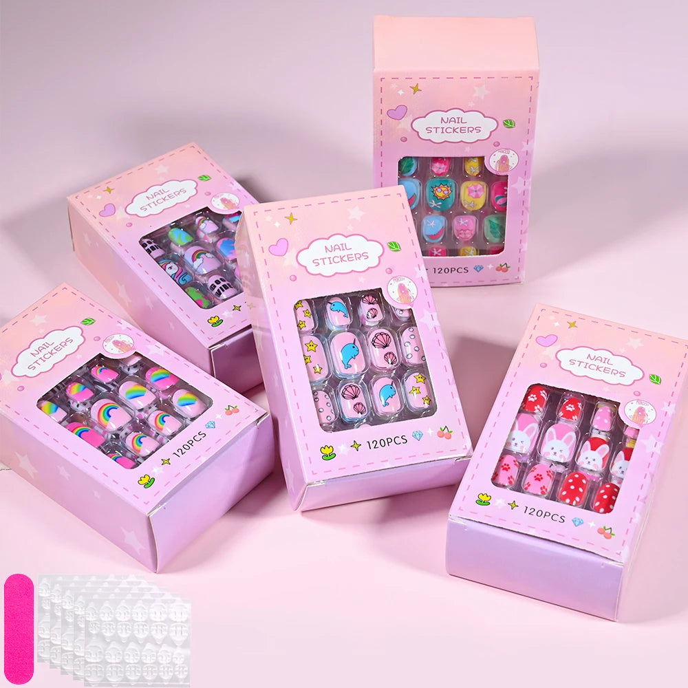 120 Pcs Children's Press on Nails Kids Cartoon Acrylic Fake Nails Tips