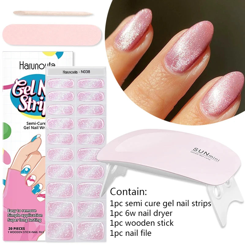4pcs/set Sparkling Semi Cured Gel Nail Strips with Nail Dry Holographics