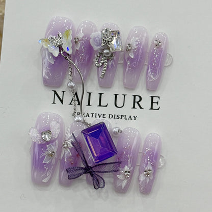 Purple Handmade Nails 3D Flower Butterfly Designs Long Ballerina Press on Nails with Rhinestones