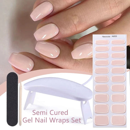 Harunouta 4pcs/set French Semi Cured Gel Nail Strips with Nail Lamp