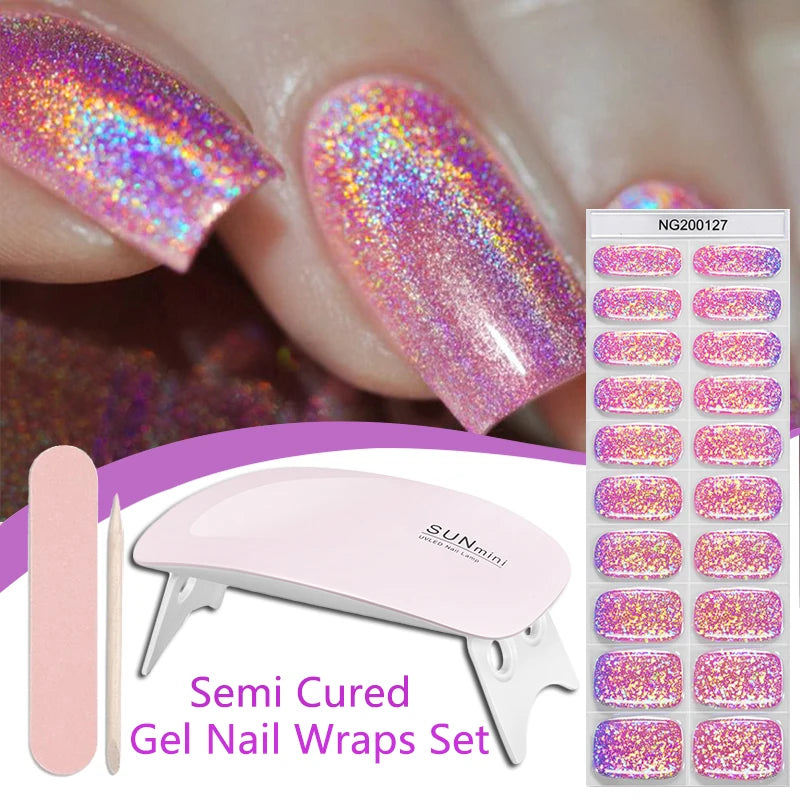 4pcs/set Sparkling Semi Cured Gel Nail Strips with Nail Dry Holographics