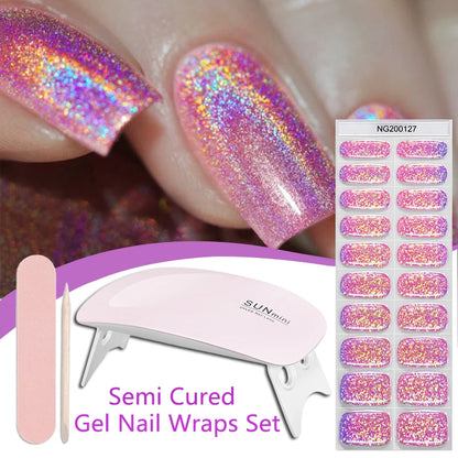 4pcs/set Sparkling Semi Cured Gel Nail Strips with Nail Dry Holographics