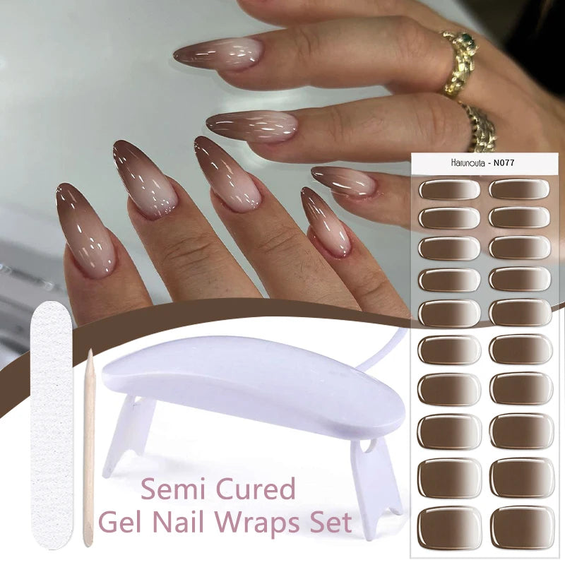 Harunouta 4pcs/set French Semi Cured Gel Nail Strips with Nail Lamp