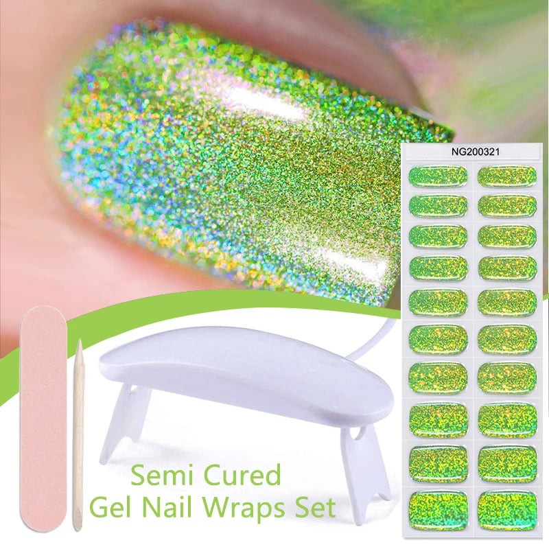 4pcs/set Sparkling Semi Cured Gel Nail Strips with Nail Dry Holographics