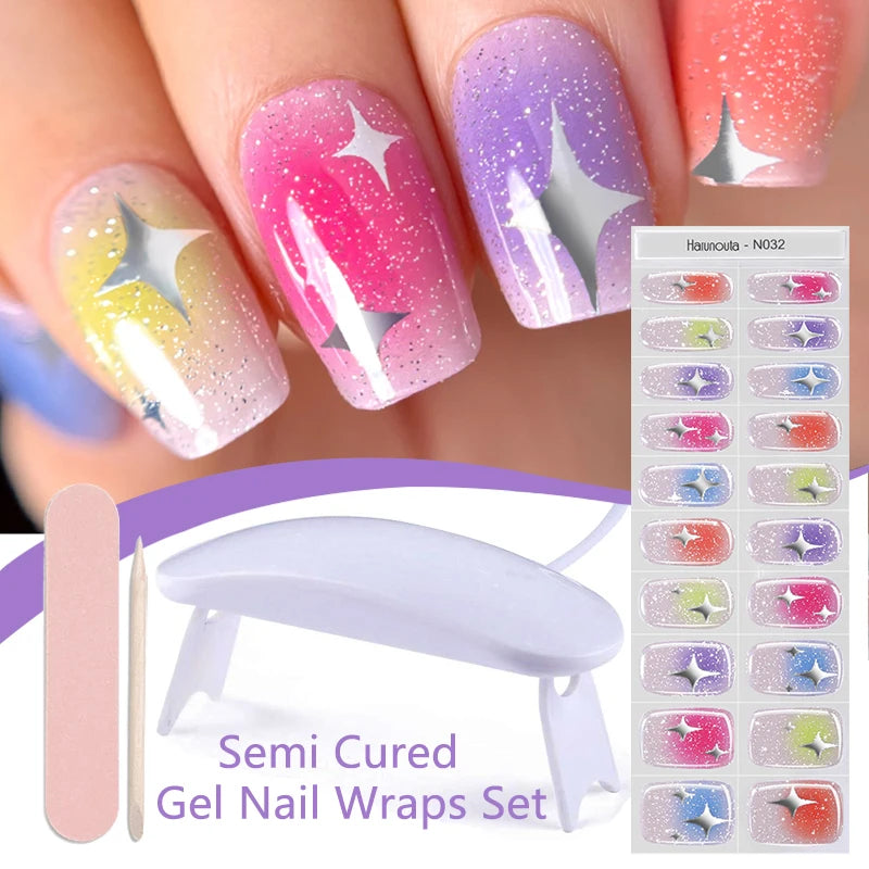 4pcs/set Sparkling Semi Cured Gel Nail Strips with Nail Dry Holographics