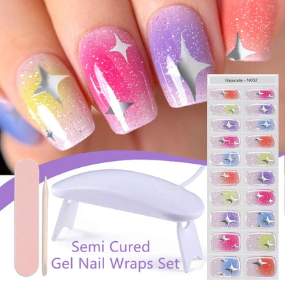 4pcs/set Sparkling Semi Cured Gel Nail Strips with Nail Dry Holographics