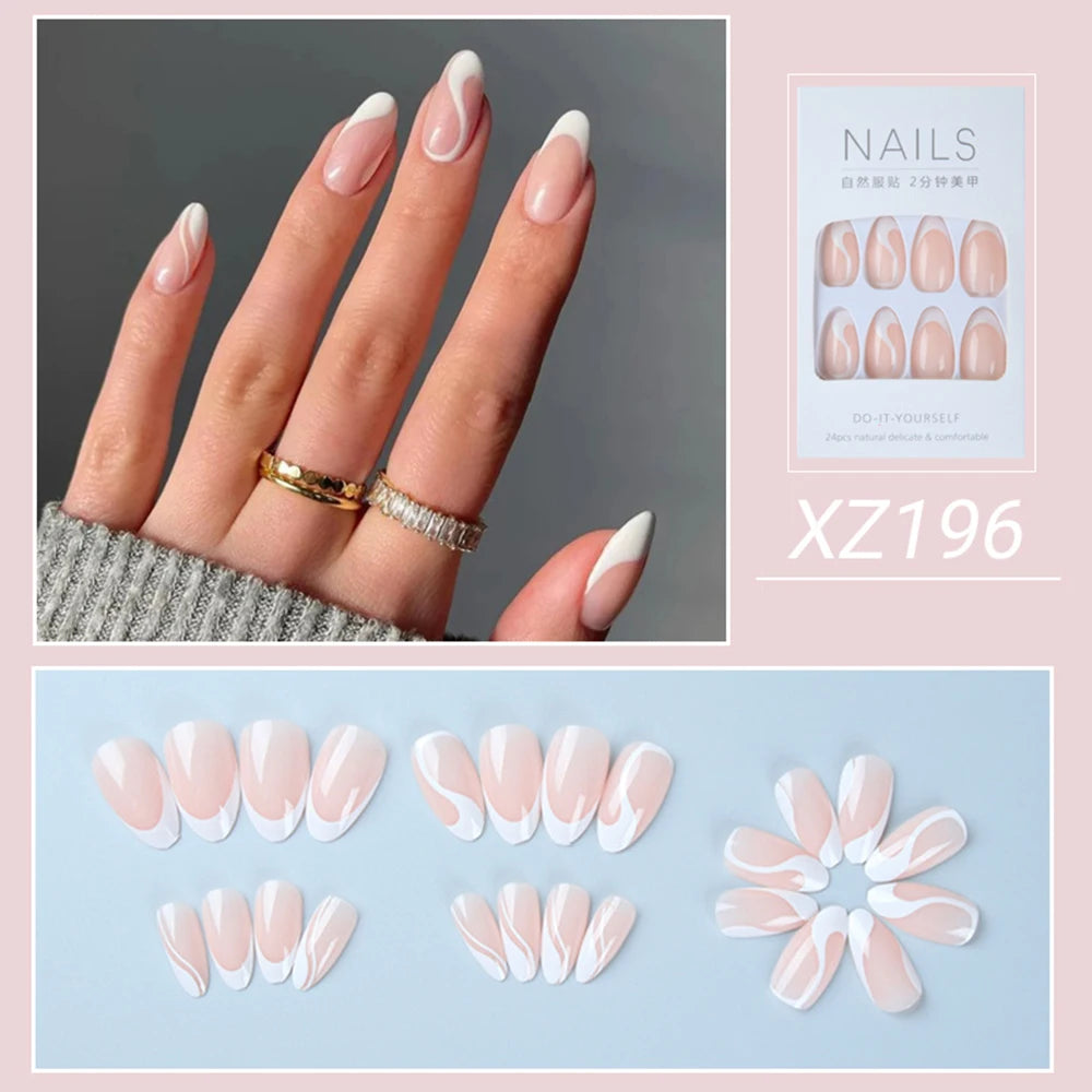 24Pc Simple French Medium length False Nails with Rhinestone