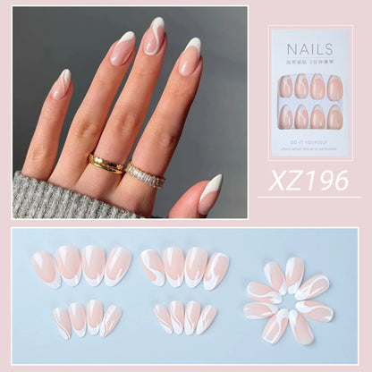 24Pc Simple French Medium length False Nails with Rhinestone
