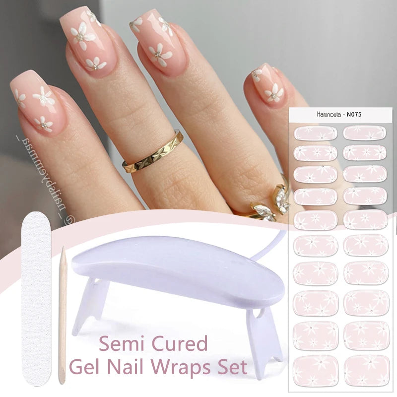 Harunouta 4pcs/set French Semi Cured Gel Nail Strips with Nail Lamp