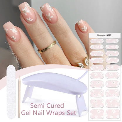 Harunouta 4pcs/set French Semi Cured Gel Nail Strips with Nail Lamp