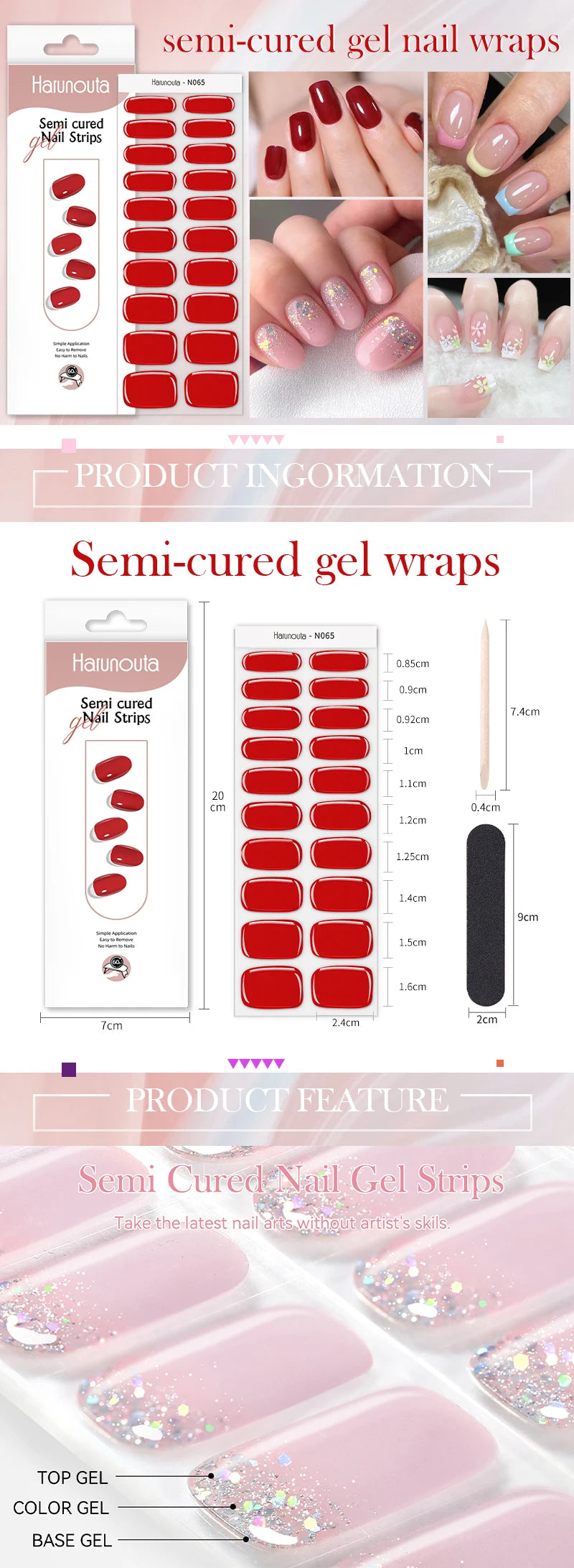Harunouta 4pcs/set French Semi Cured Gel Nail Strips with Nail Lamp