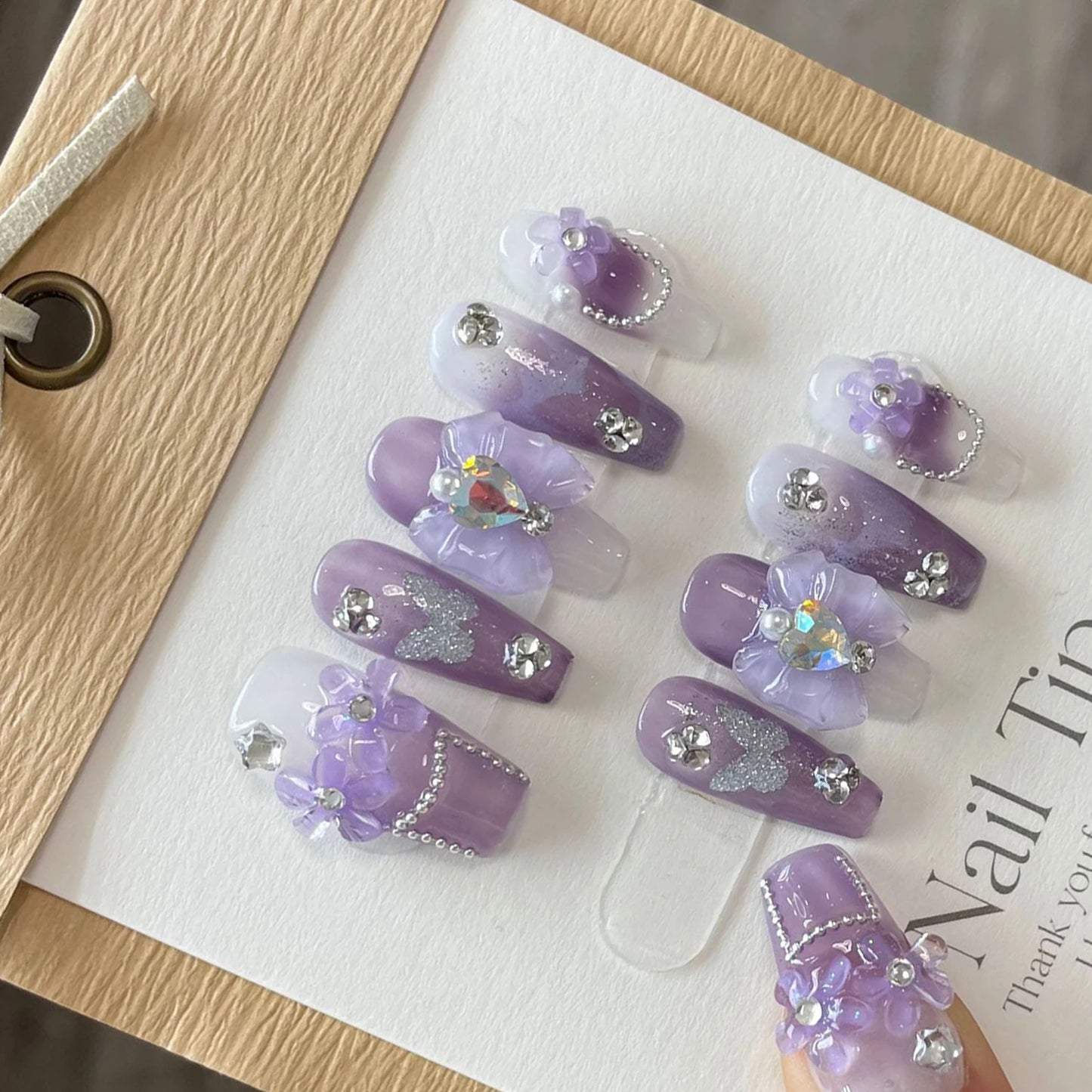 Purple Handmade Nails 3D Flower Butterfly Designs Long Ballerina Press on Nails with Rhinestones