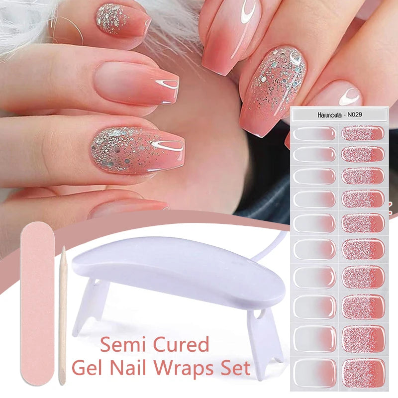 Harunouta 4pcs/set French Semi Cured Gel Nail Strips with Nail Lamp
