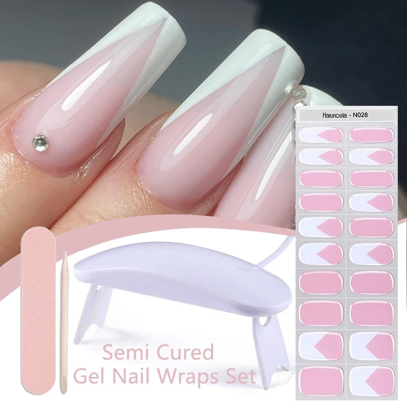 Harunouta 4pcs/set French Semi Cured Gel Nail Strips with Nail Lamp