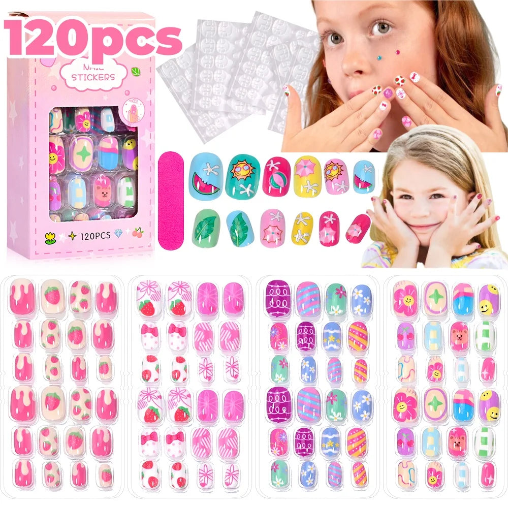 120 Pcs Children's Press on Nails Kids Cartoon Acrylic Fake Nails Tips